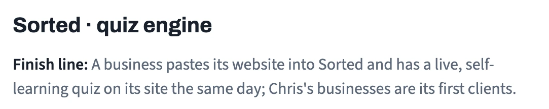 The Sorted quiz engine's card on the board. Finish line: a business pastes its website into Sorted and has a live, self-learning quiz on its site the same day; Chris's businesses are its first clients