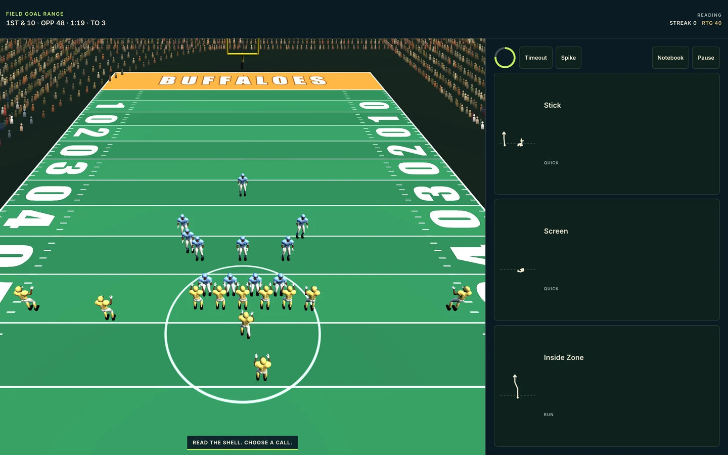 Clutch Drive: the 3D field before the snap, broadcast camera, the call cards beside it