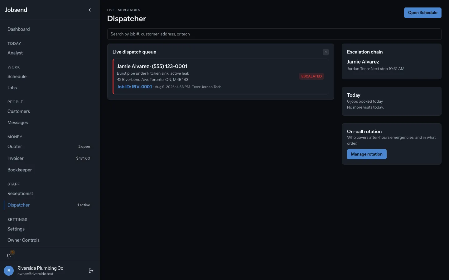JobSend's dispatcher on a demo plumbing company, Riverside Plumbing Co: one live emergency in the dispatch queue, the escalation chain and the on-call rotation beside it
