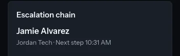 Escalation chain: Jamie Alvarez, Jordan Tech, next step 10:31 AM