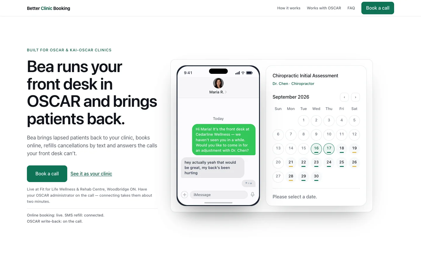 betterclinicbooking.com, first screen: Bea runs your front desk in OSCAR and brings patients back (captured September 30, 2026)