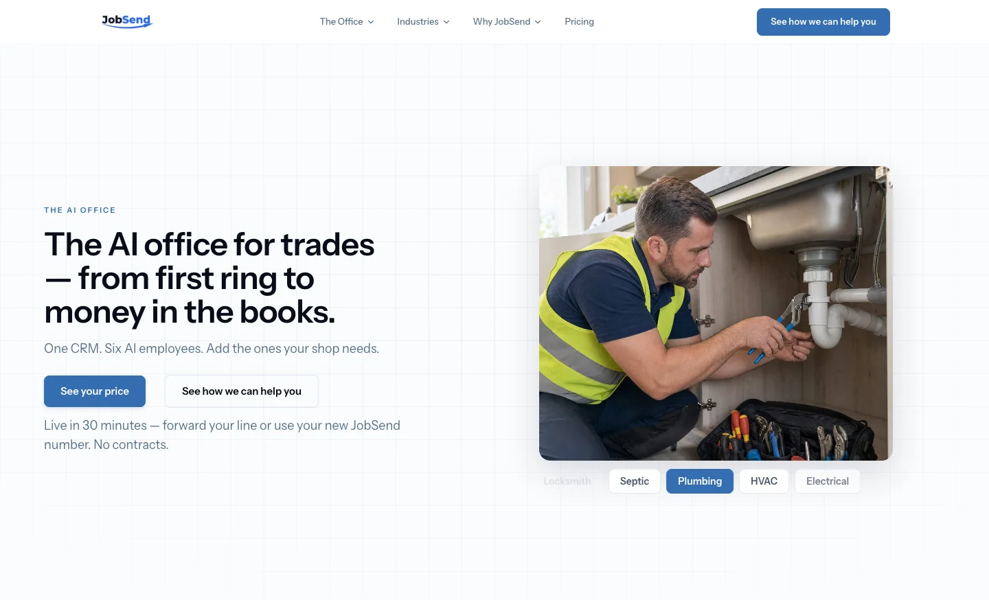 jobsend.co, first screen: The AI office for trades, from first ring to money in the books (captured September 30, 2026)