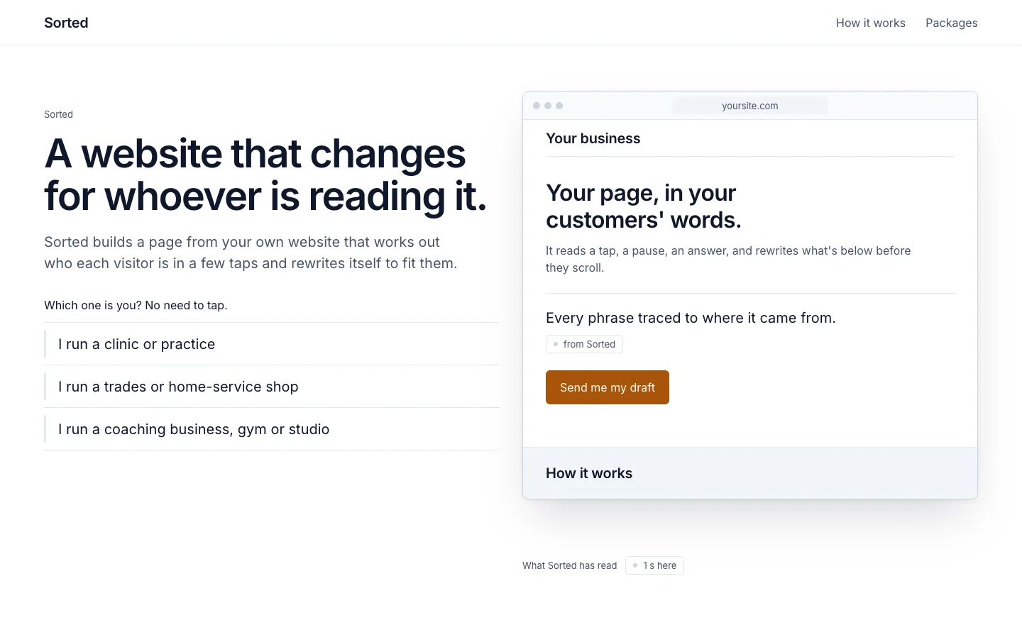 Sorted's landing page, first screen: A website that changes for whoever is reading it (captured September 30, 2026)