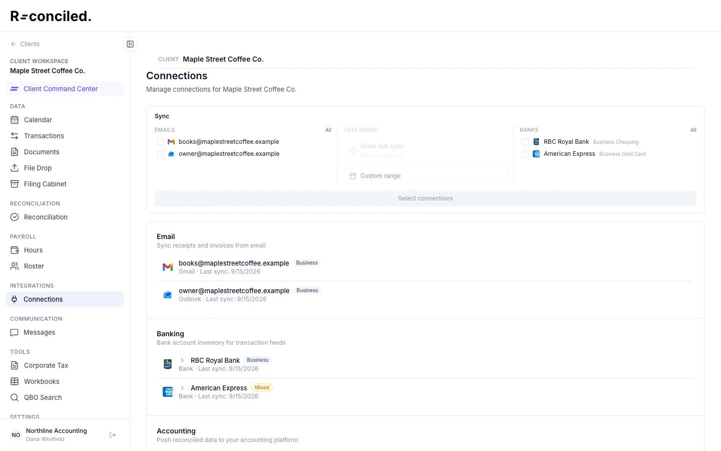 Reconciled's Connections page for a demo client, Maple Street Coffee Co.: sync of two mailboxes and two banks, then the Email, Banking and Accounting connections