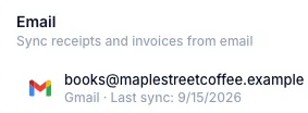 Reconciled's Email panel for a demo client: sync receipts and invoices from email, books@maplestreetcoffee.example, Gmail, last sync 9/15/2026