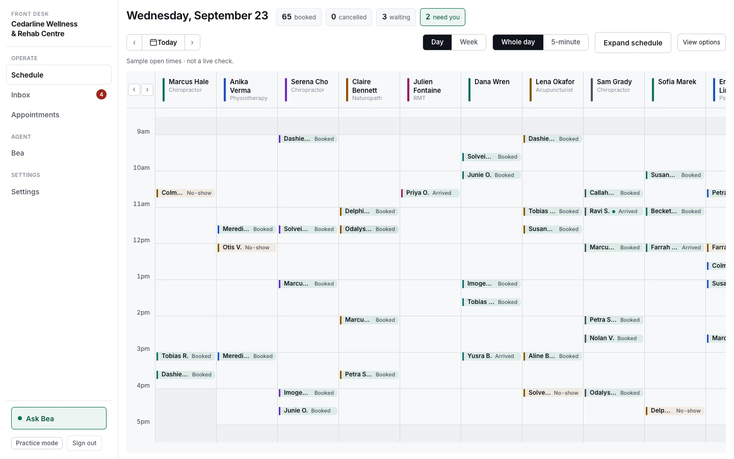 The clinic's desk: Wednesday, September 23, 65 booked, one column per practitioner, demo names
