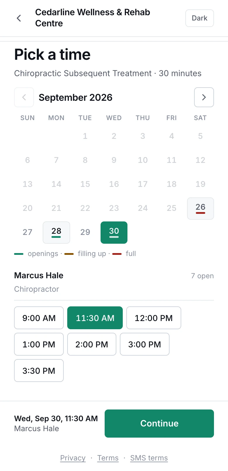The booking page on a phone, step 2 of 4, Pick a time: Wednesday, September 30 at 11:30 AM chosen with a demo clinic's chiropractor