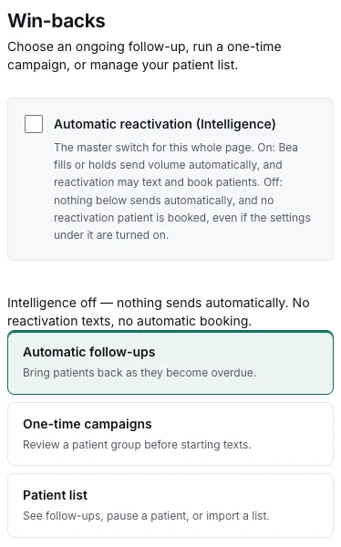 Bea's Win-backs screen at Fit for Life: the Intelligence switch, off — nothing sends automatically — and three choices: automatic follow-ups, one-time campaigns, patient list